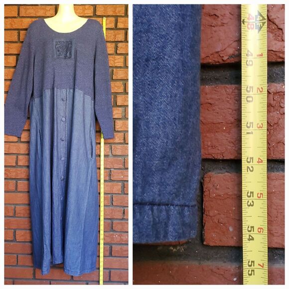 Vintage LS Maxi Dress Sz XL Blue Teacher Lagenlook 80s Bird Patch Knit & Woven - Picture 8 of 12